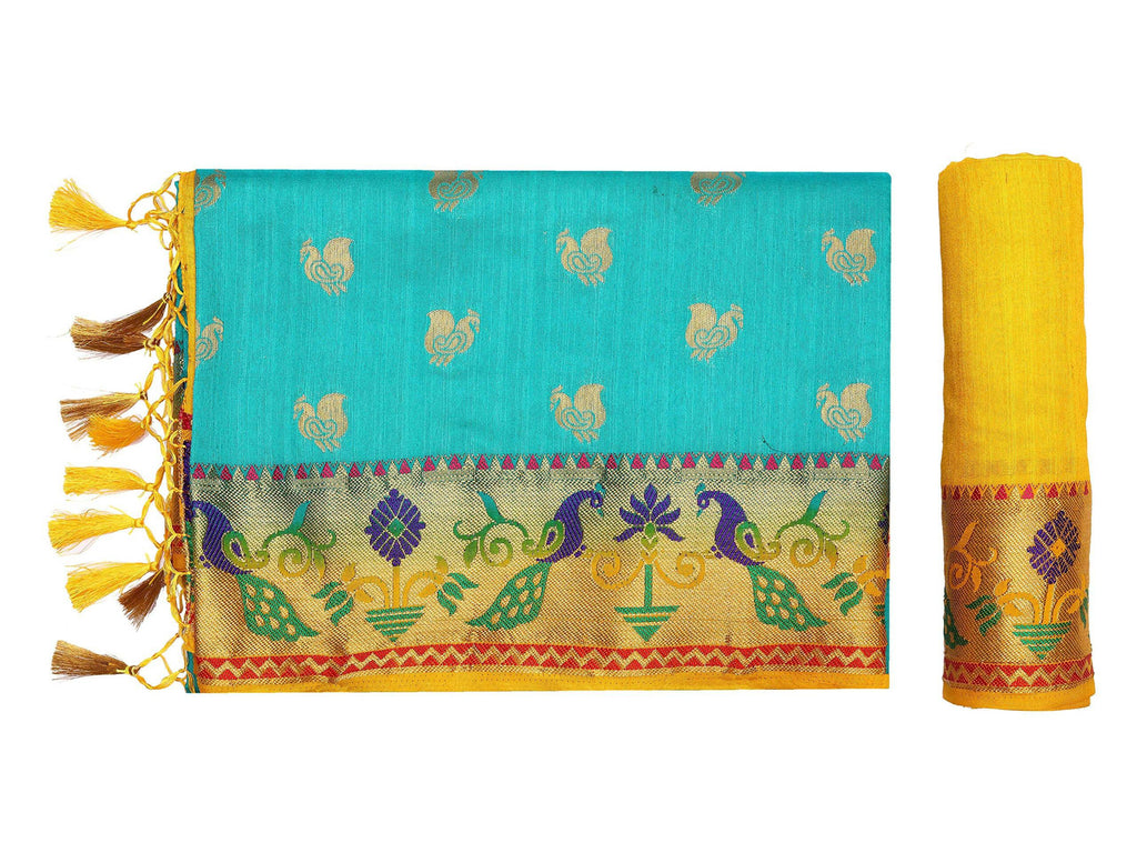 Mimosa Women's Turquoise Kanchipuram Silk Saree | Grocsy