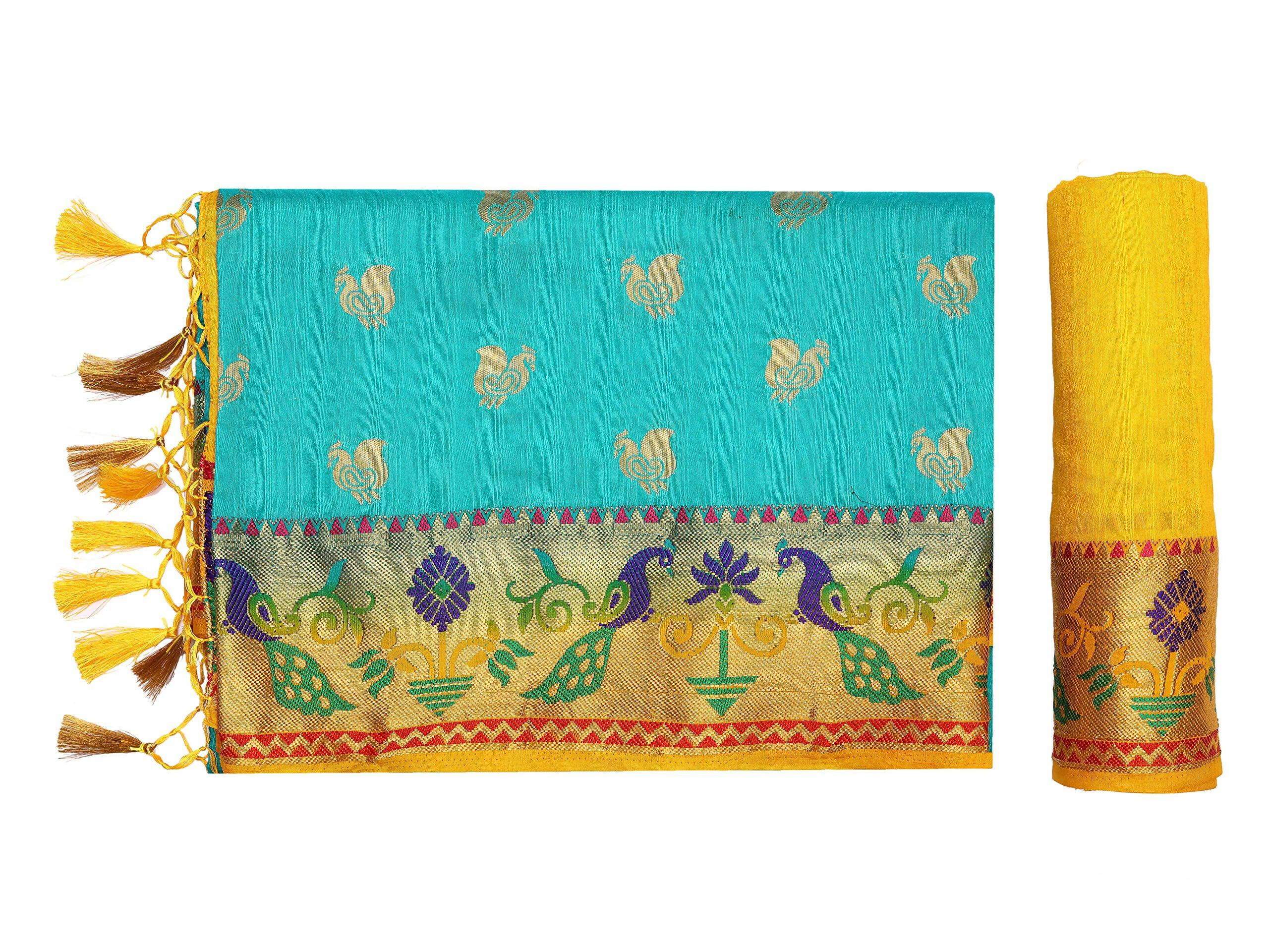 Mimosa Women's Turquoise Kanchipuram Silk Saree | Grocsy