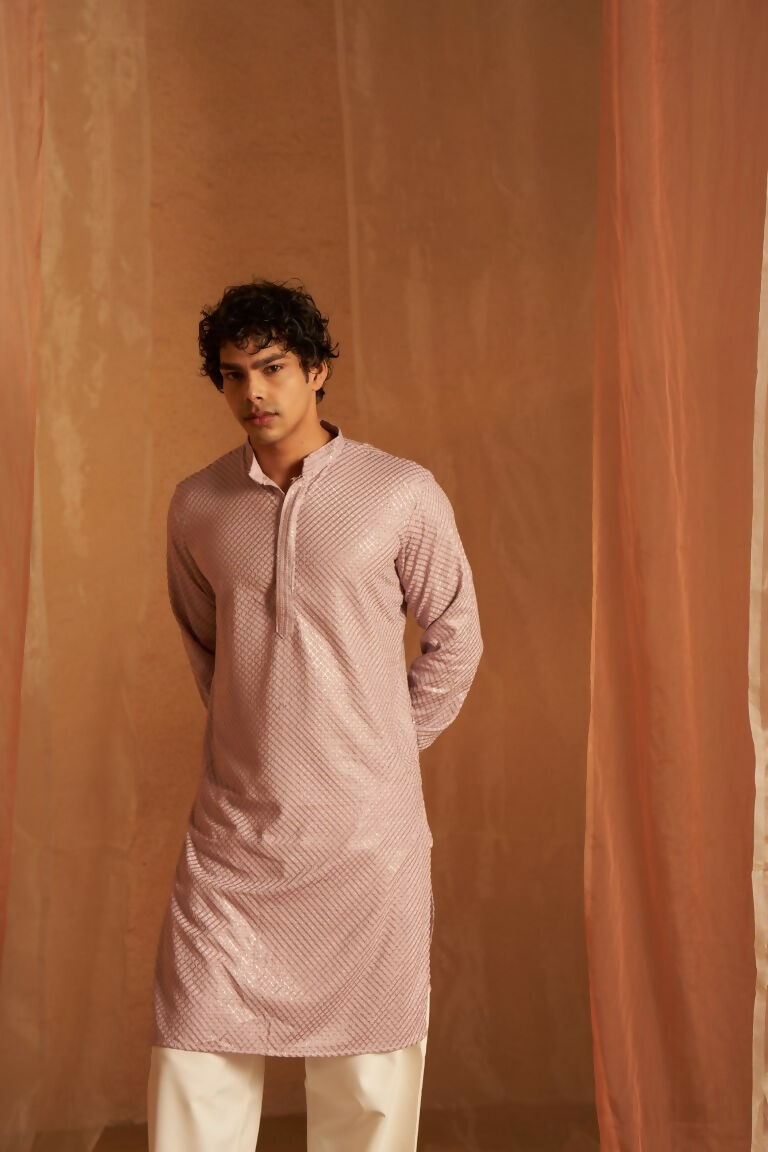Lavender viscose Chikankari Embroidery Work Men's Traditional Kurta Set - Mahotsav | Grocsy