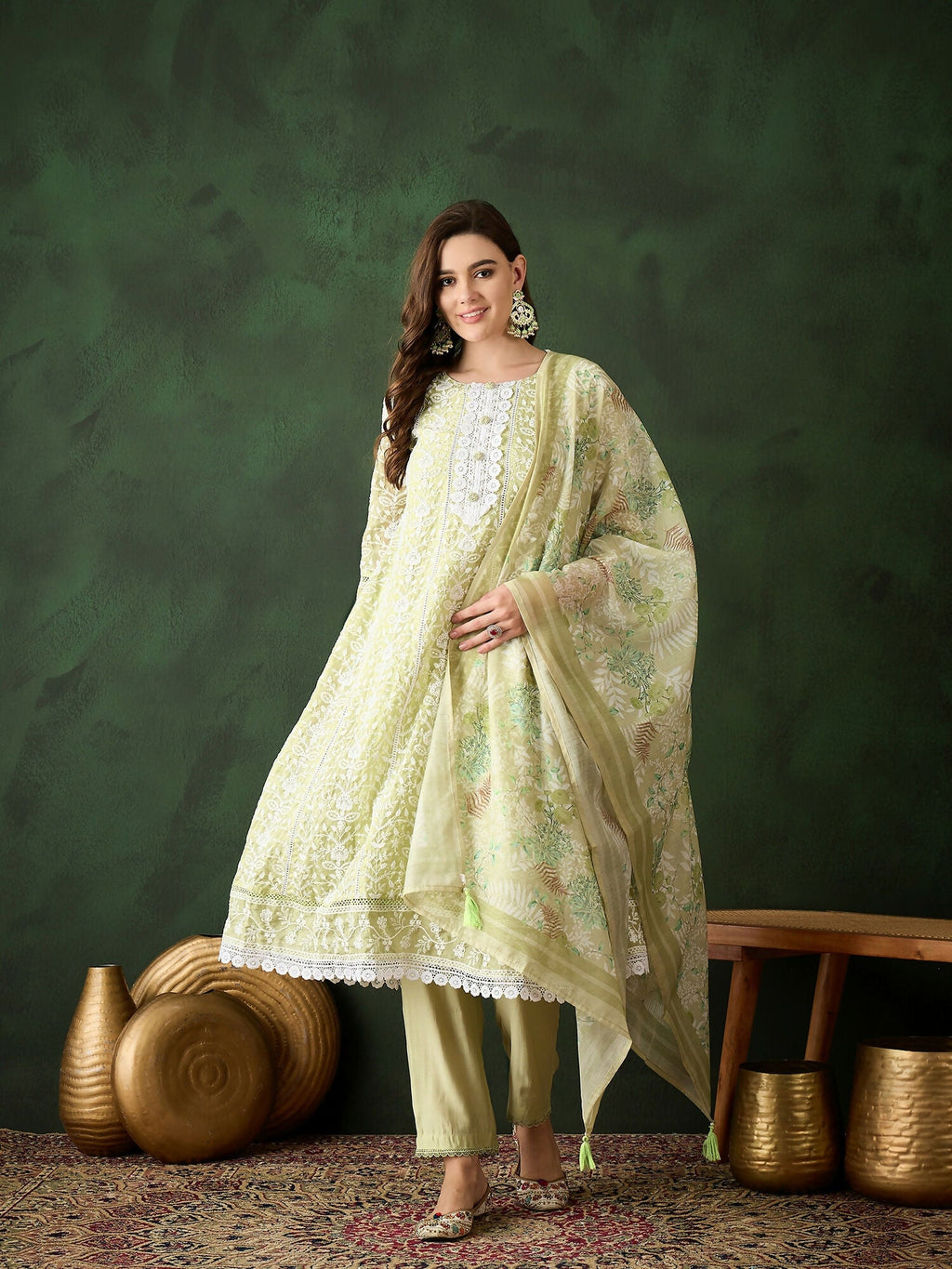 Green Crystal Organza schiffli embroidery Kurta With Trouser & Dupatta - Bhumi | Grocsy