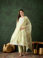 Green Crystal Organza schiffli embroidery Kurta With Trouser & Dupatta - Bhumi | Grocsy