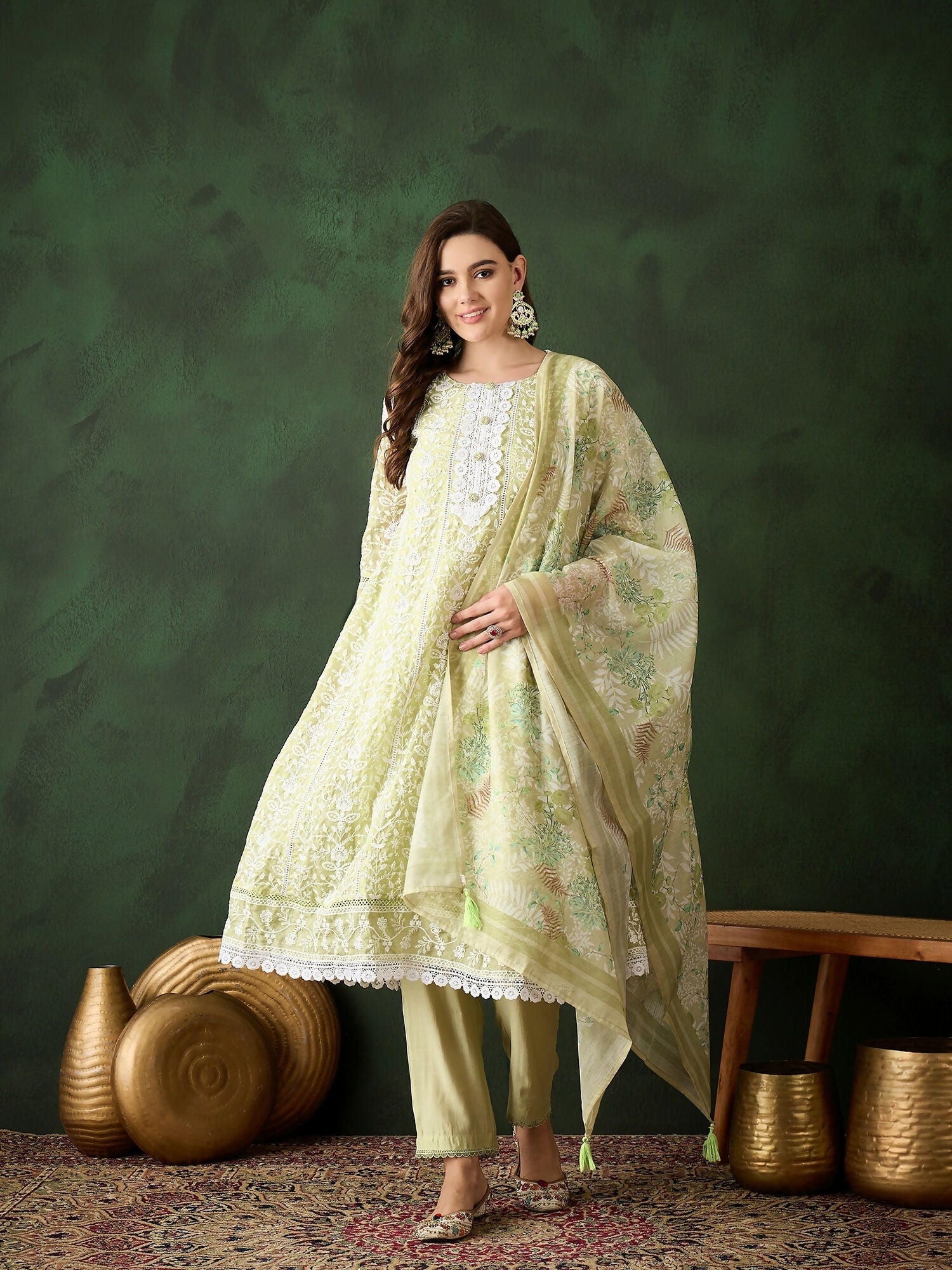 Green Crystal Organza schiffli embroidery Kurta With Trouser & Dupatta - Bhumi | Grocsy