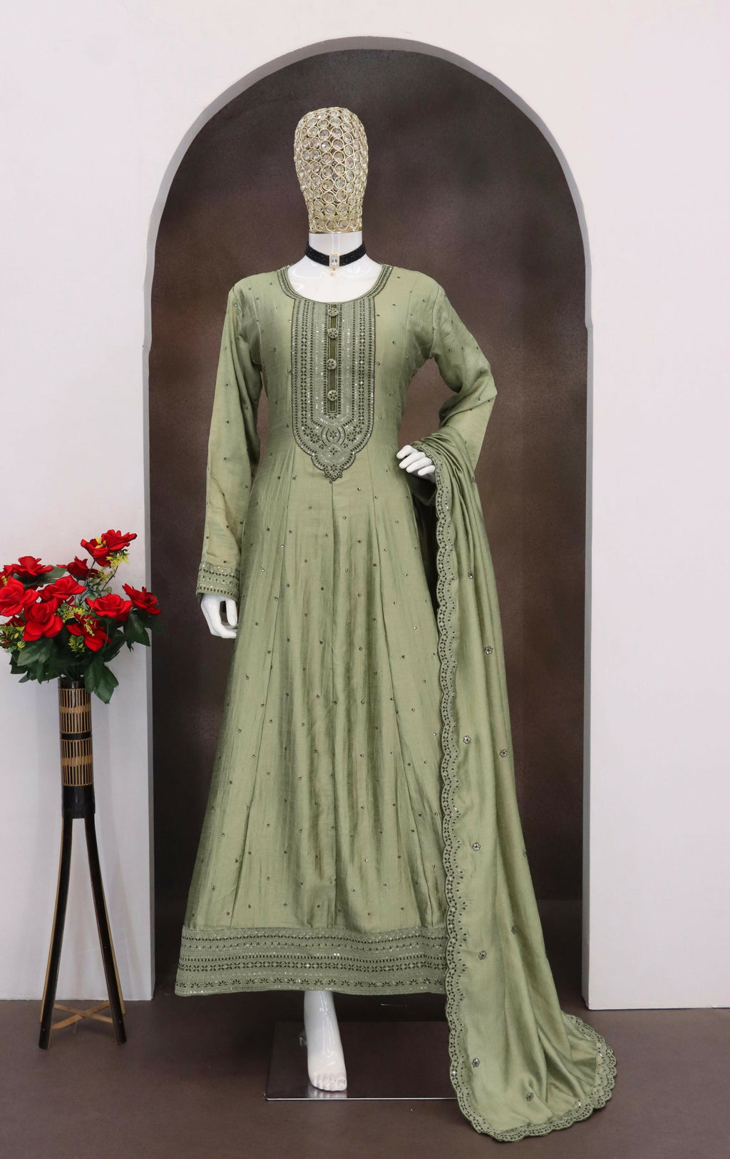 Teeya Creation Mehendi Color Heavy Vichitra Silk Embroidery Work Long Gown | Grocsy