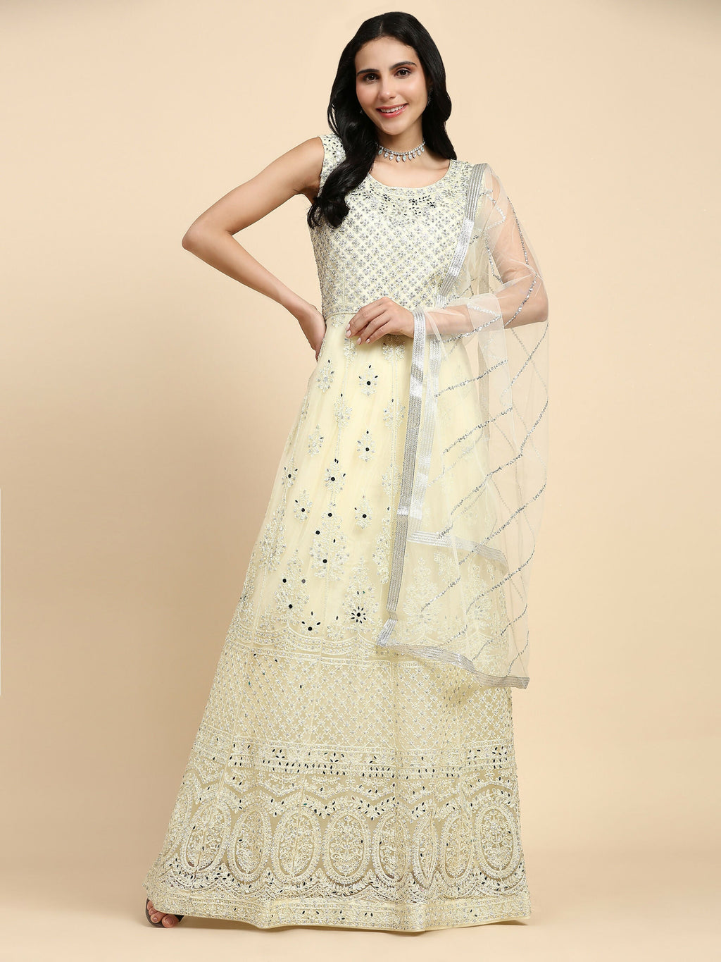 Yellow Net Hand Embroidered Gown - Rudrani | Grocsy