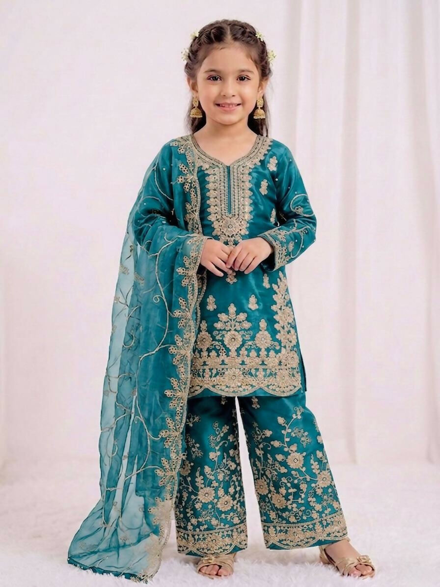 Teeya Creation Girls Heavy Embroidery Turquoise Ethnic Kurta And Palazzo Set With Net Dupatta | Grocsy
