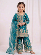 Teeya Creation Girls Heavy Embroidery Turquoise Ethnic Kurta And Palazzo Set With Net Dupatta | Grocsy