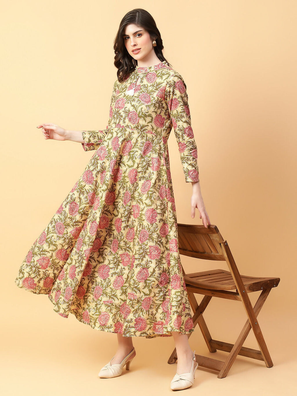 Joban Fashion Beige Cotton Printed & Hand Work Dress | Grocsy