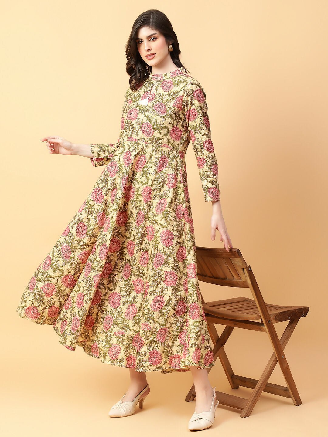 Joban Fashion Beige Cotton Printed & Hand Work Dress | Grocsy