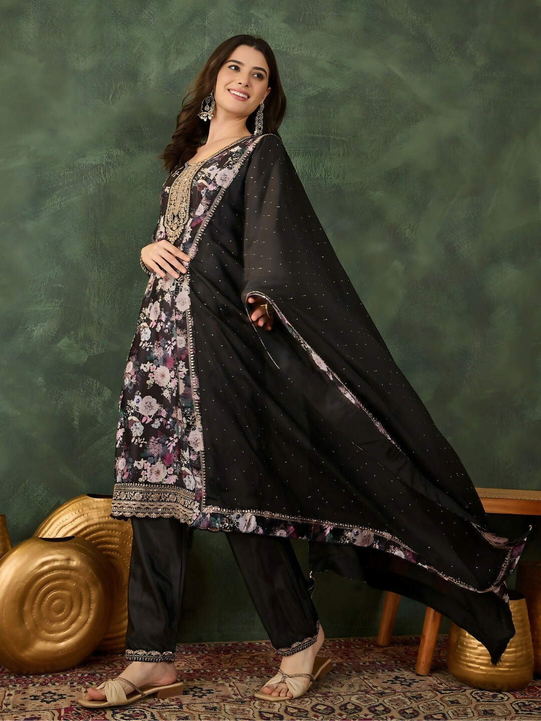 The52 Women's Beautiful Embroidery Work Chinon silk Fabric Straight Kurta Pant and Dupatta Set | Grocsy