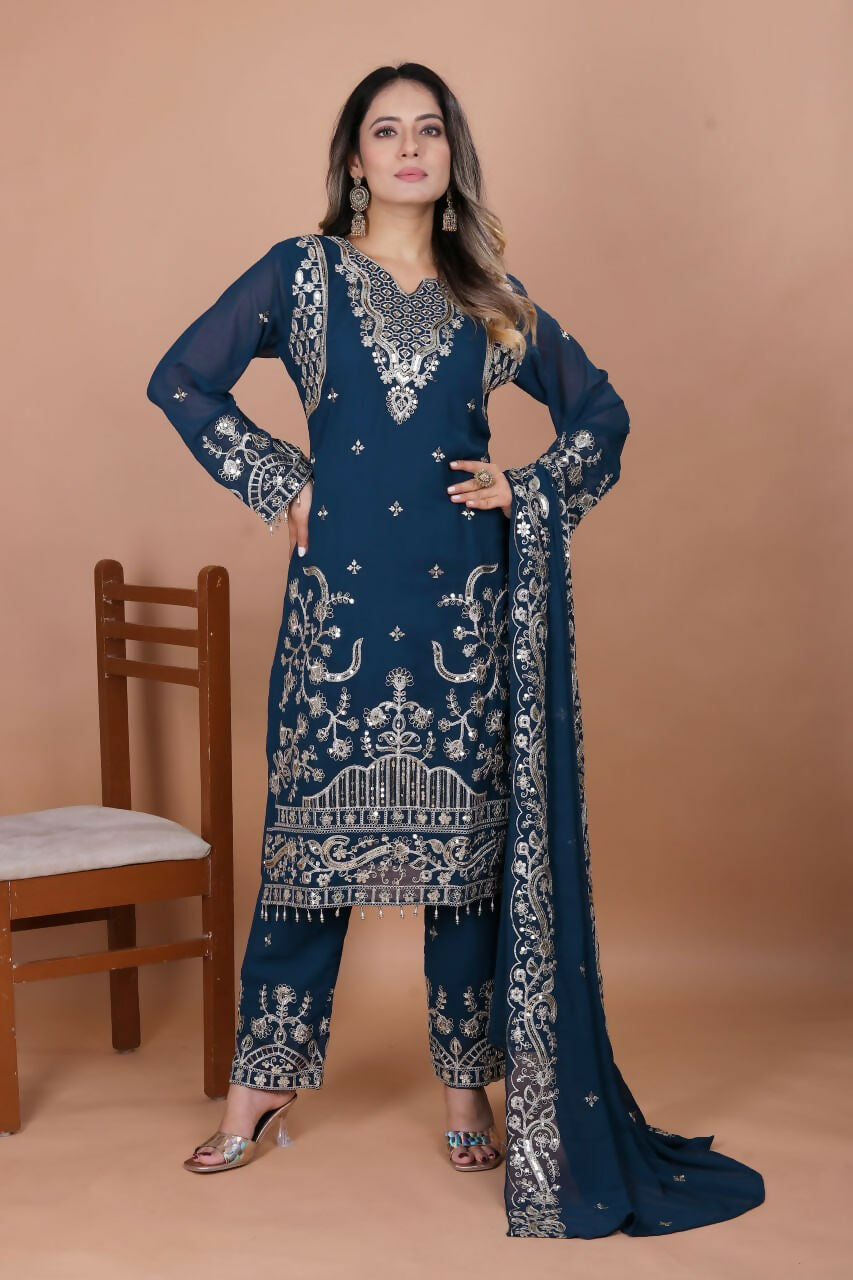 Teeya Creation Blue Faux Georgette Embroidery Work Salwar Suit | Grocsy