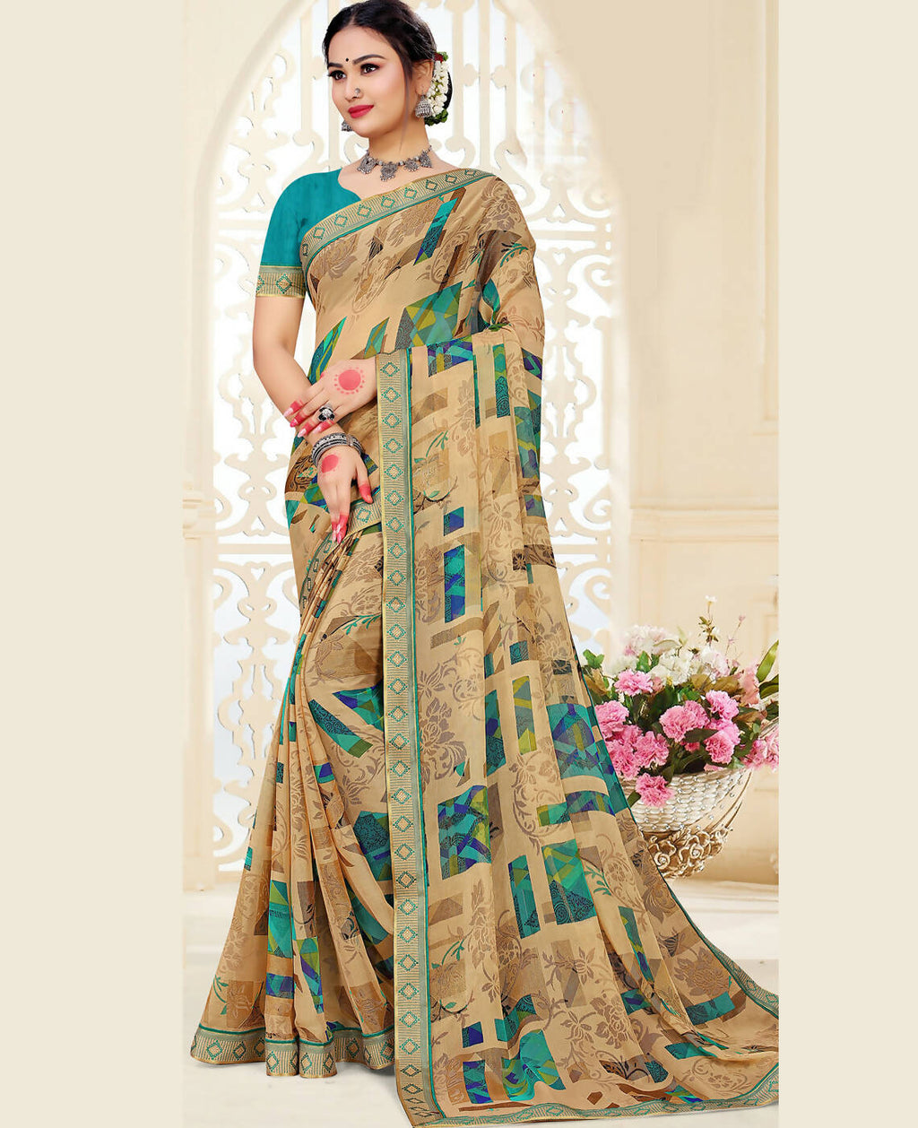 Beige Chiffon Brasso Printed Saree With Unstitched Blouse Piece - Jyoti | Grocsy