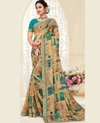 Beige Chiffon Brasso Printed Saree With Unstitched Blouse Piece - Jyoti | Grocsy