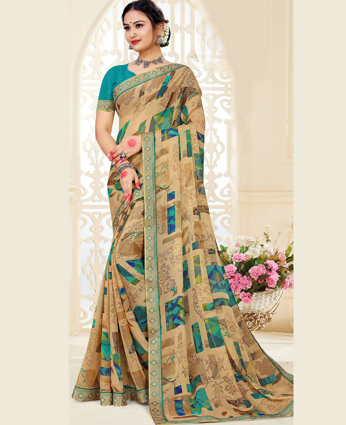 Beige Chiffon Brasso Printed Saree With Unstitched Blouse Piece - Jyoti | Grocsy