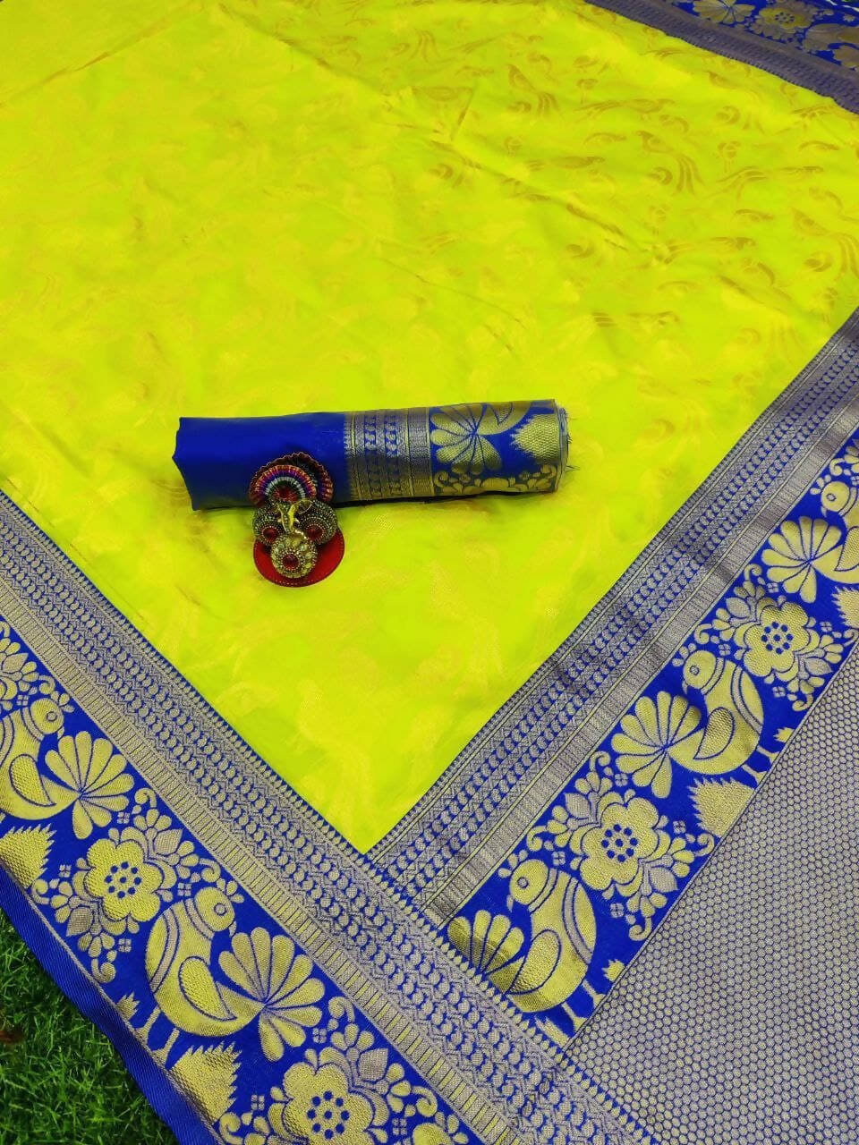 DEIANA'S Beautiful Designer Golden zari Soft Lichi Silk Saree - Yellow | Grocsy