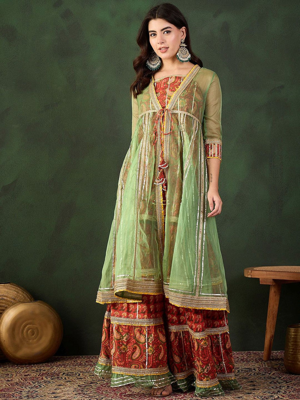 Sangria Printed Straight Kurta Sharara With Jacket Set | Grocsy