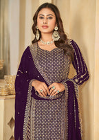 Mesmeric Purple Faux Georgette Palazzo Suit with Embroidery - Emponline | Grocsy