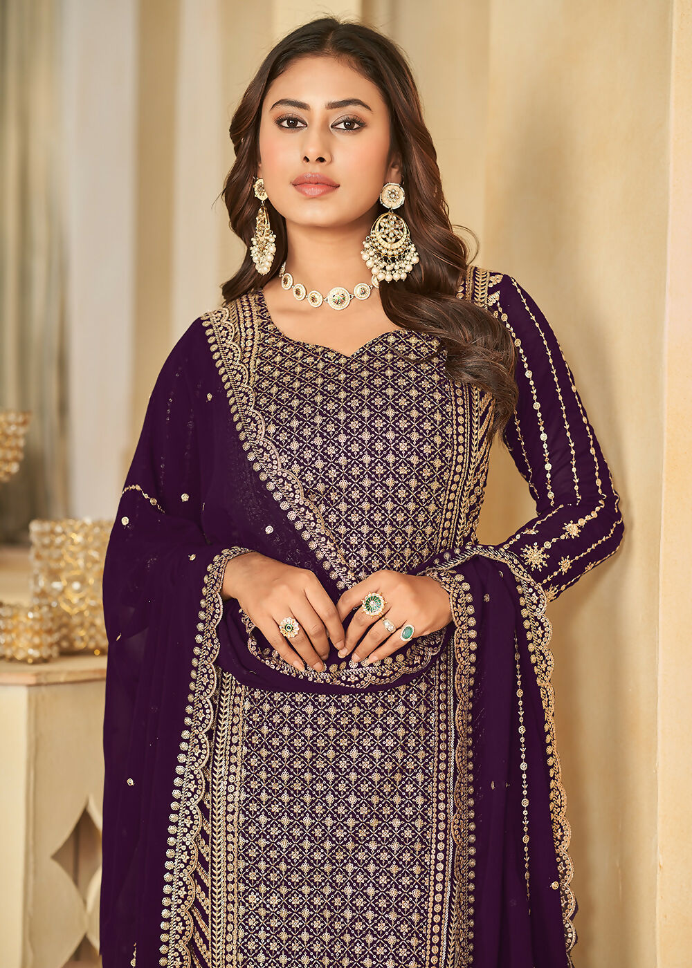 Mesmeric Purple Faux Georgette Palazzo Suit with Embroidery - Emponline | Grocsy