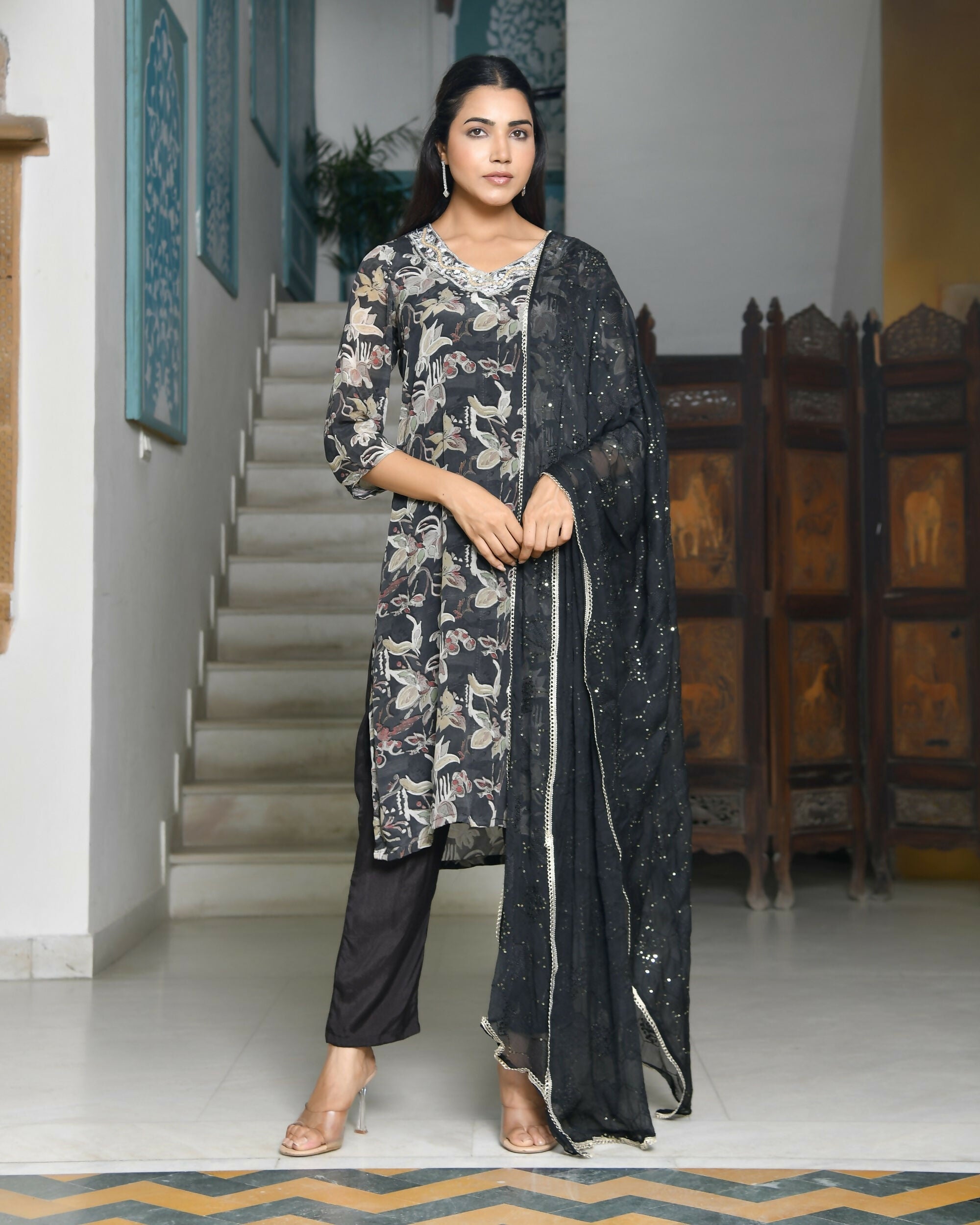 Vaasva Women's Black Crepe Embroidered Suit Set | Grocsy