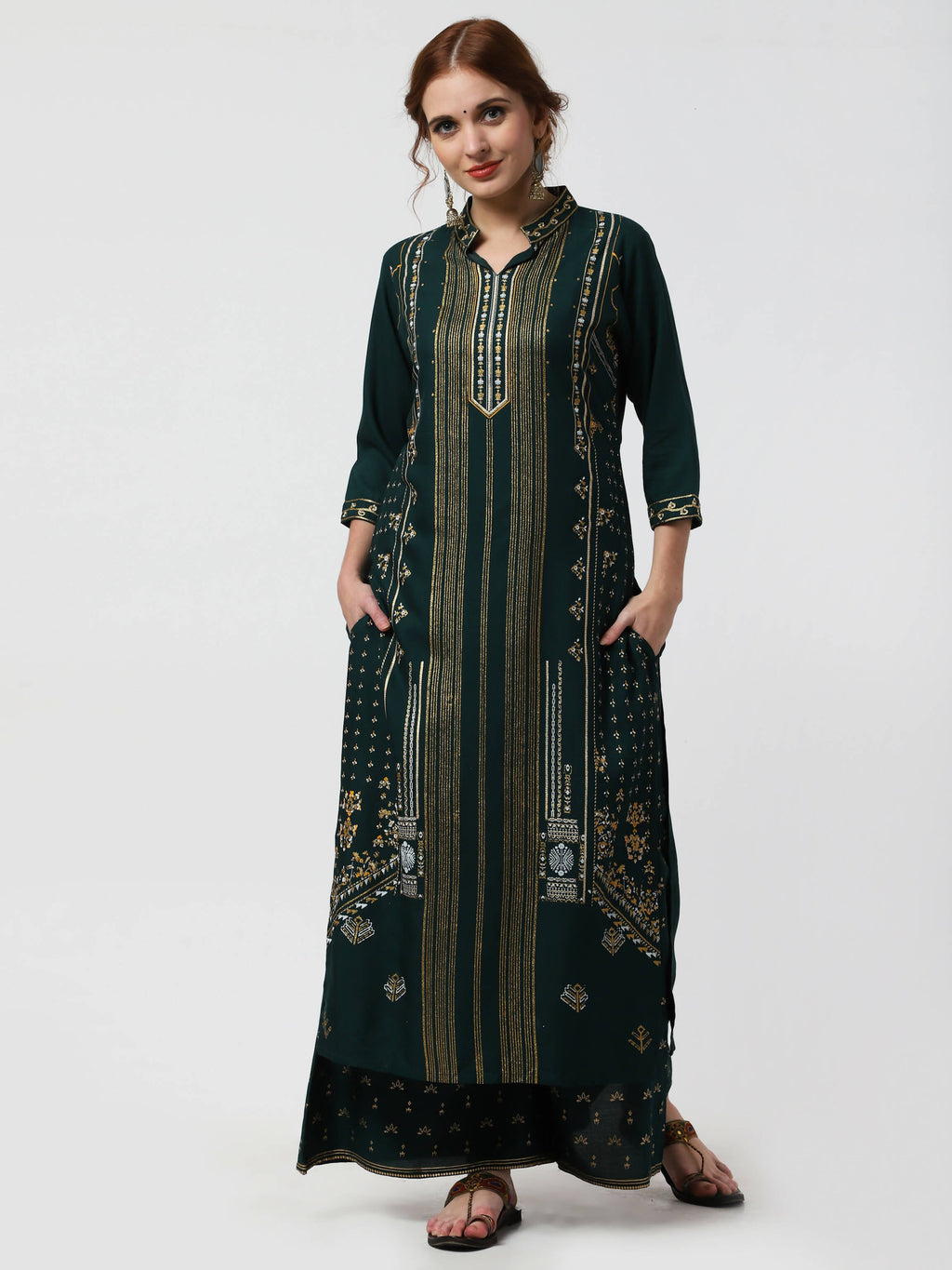 Cheera Embellished Daily Wear Cotton Blend Kurta With Palazoo - Bottle Green | Grocsy