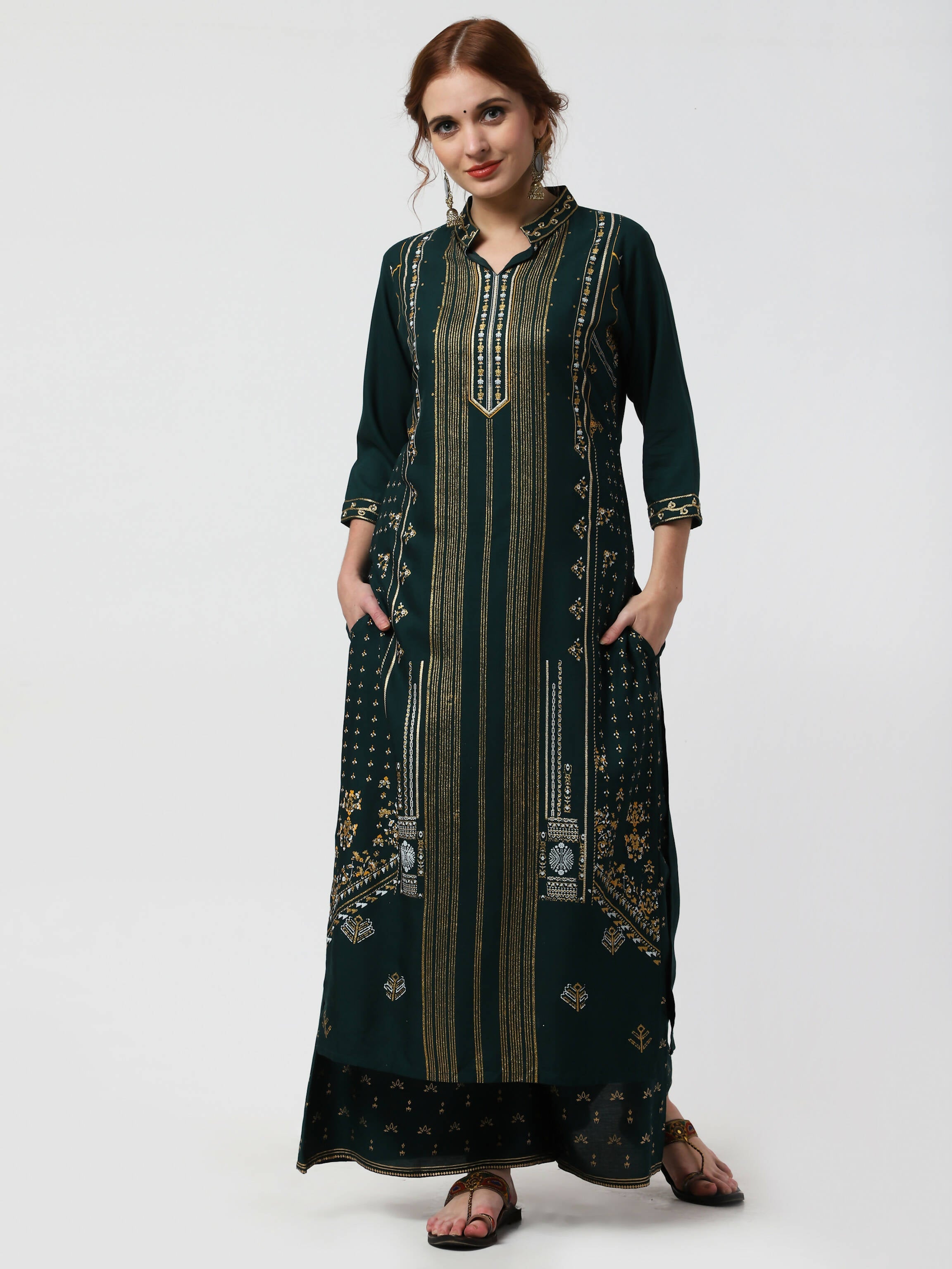Cheera Embellished Daily Wear Cotton Blend Kurta With Palazoo - Bottle Green | Grocsy
