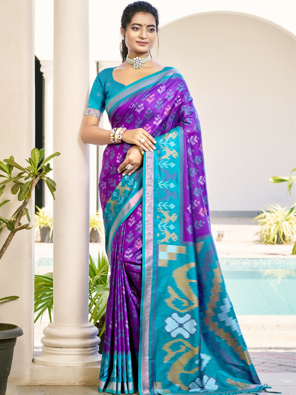 Shree Shyam Fashion Pochampalli Silk Violet Saree | Grocsy