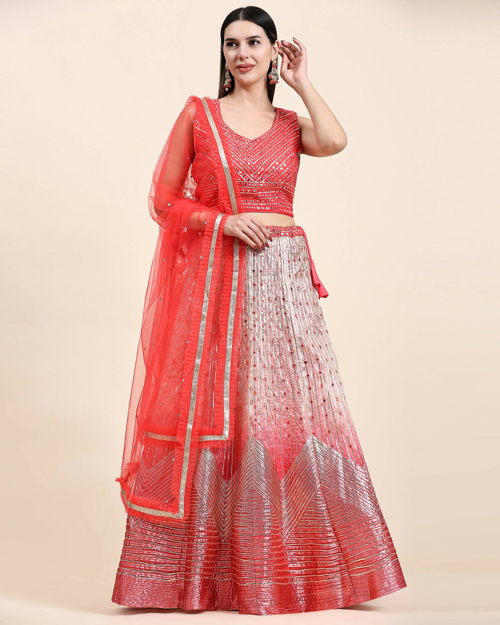 Red Organza Mirror With Coding Work Lehenga Choli with Dupatta - Tanya | Grocsy