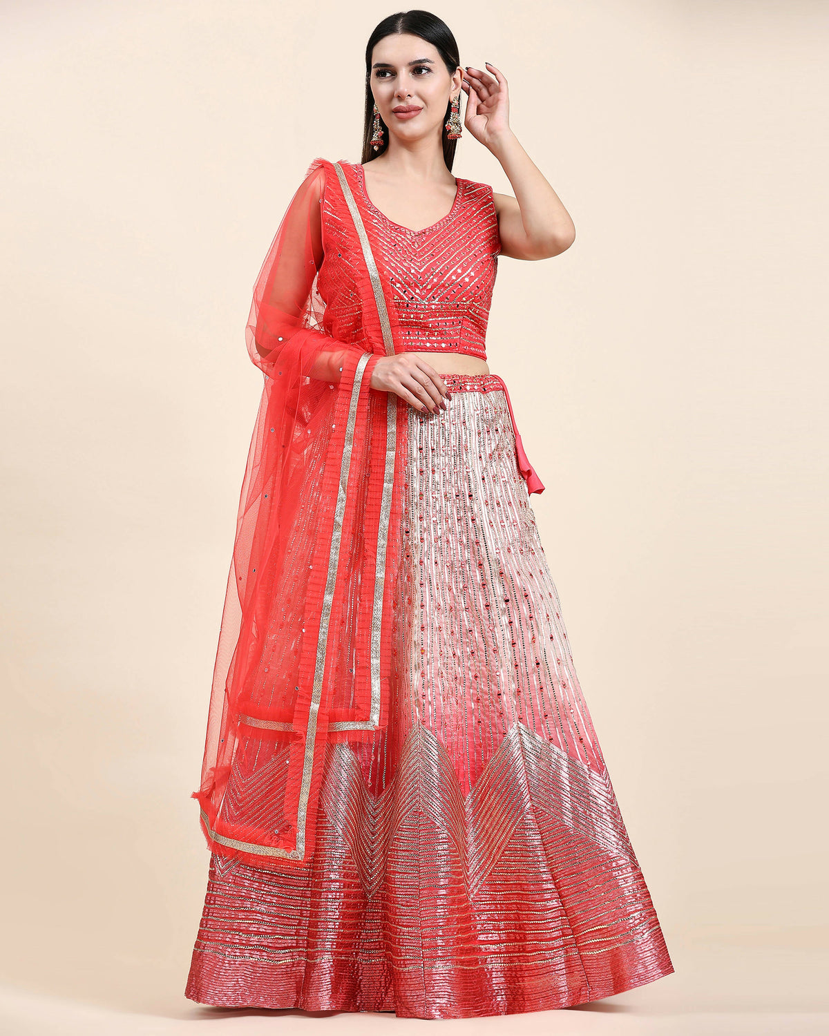Red Organza Mirror With Coding Work Lehenga Choli with Dupatta - Tanya | Grocsy