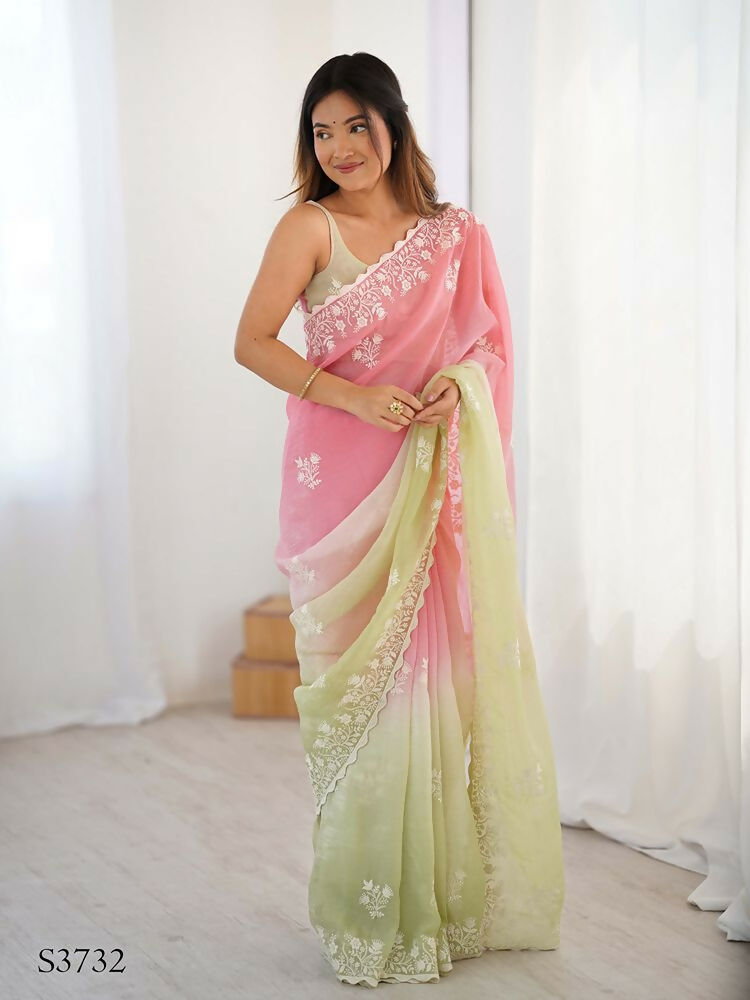 Pink Crunchy Silk Embroidery WorkParty Wear Saree - Lakshita | Grocsy