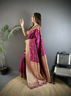 Joban Fashion Magenta Zari Weaving Motif Lichi Silk Banarasi Silk Saree | Grocsy