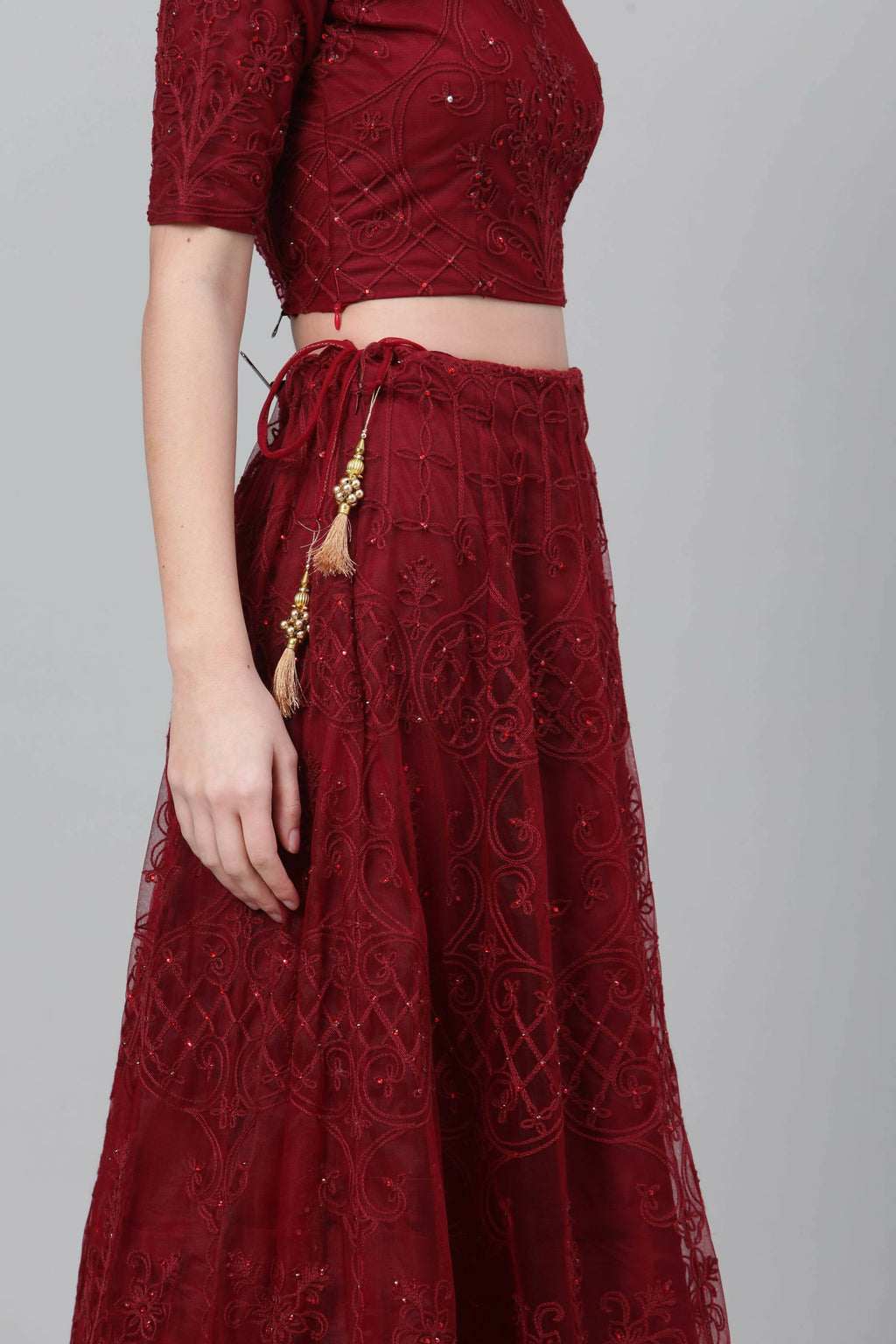 Maroon Net Thread embroidery with stone work Lehenga Choli with Dupatta - Jivika | Grocsy