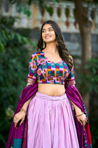 Vastranavya Printed and Foil Work Tussar Silk Lehenga with Unstitched Blouse - Lavender | Grocsy