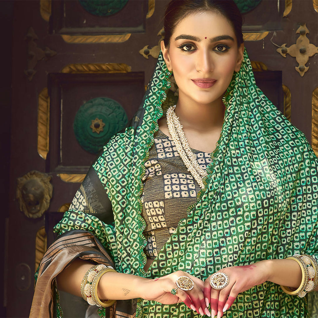 Green Gajji Silk Pure Handwork Saree With Unstitched Blouse - Norita Gajri | Grocsy