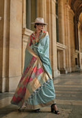 Sky Bluesoft Handloom Sik Zari & Thread Work, Contrast Pallu Saree - Rajtex Kube Silk | Grocsy