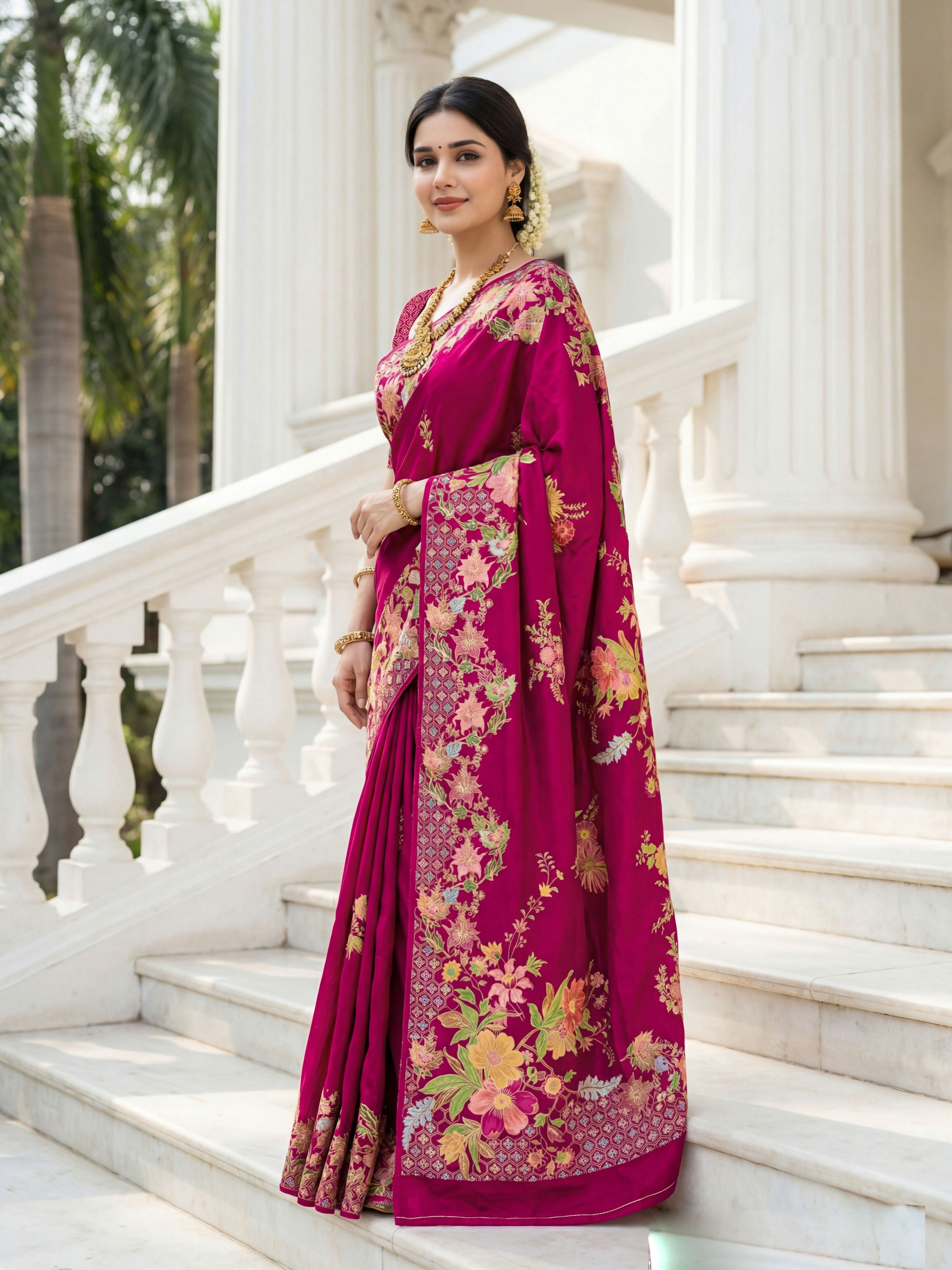 Aastha Fashion Rani Pink Premium Russian Silk Designer Floral Position Print Saree | Grocsy