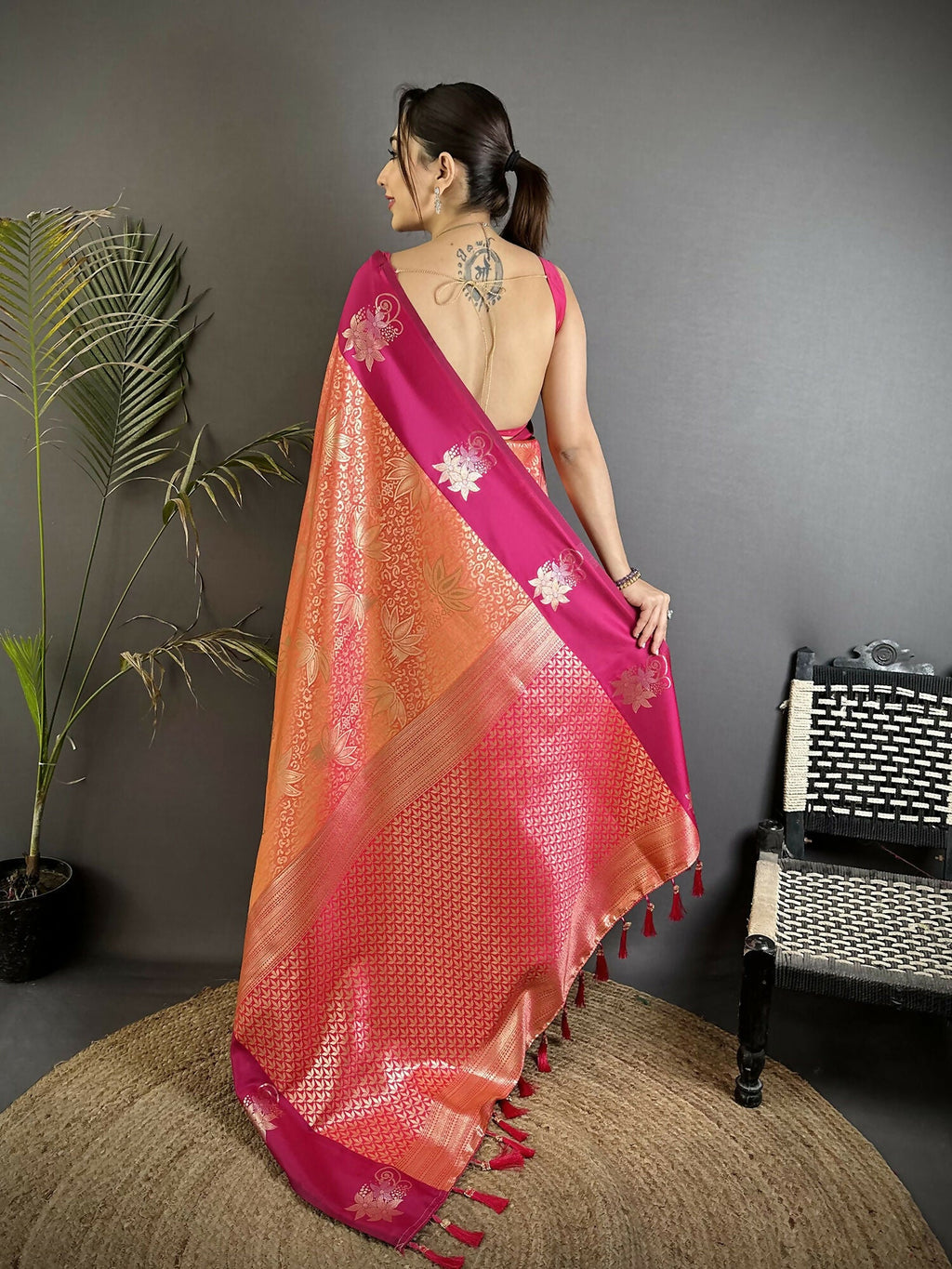 Joban Fashion Orange Intricate Zari Weaving Soft Silk Dharmavaram Saree | Grocsy