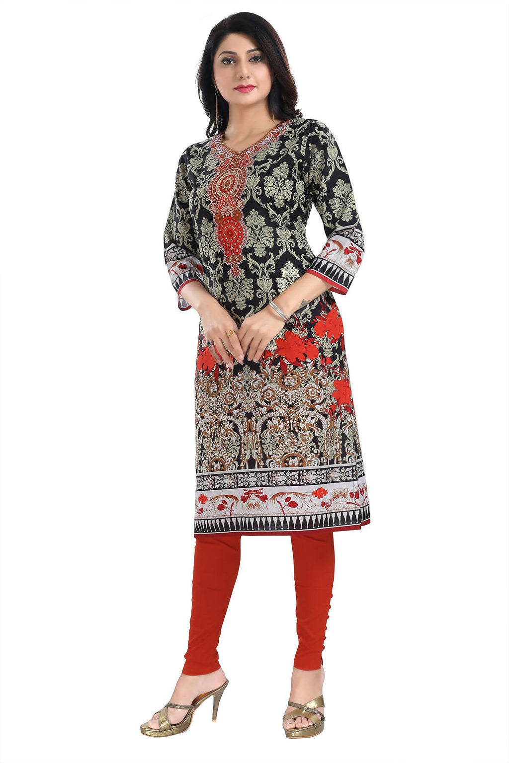 Snehal Creations Deep Black Designer Digital Print Cotton Slub Fabric Long Kurti Tunic | Grocsy