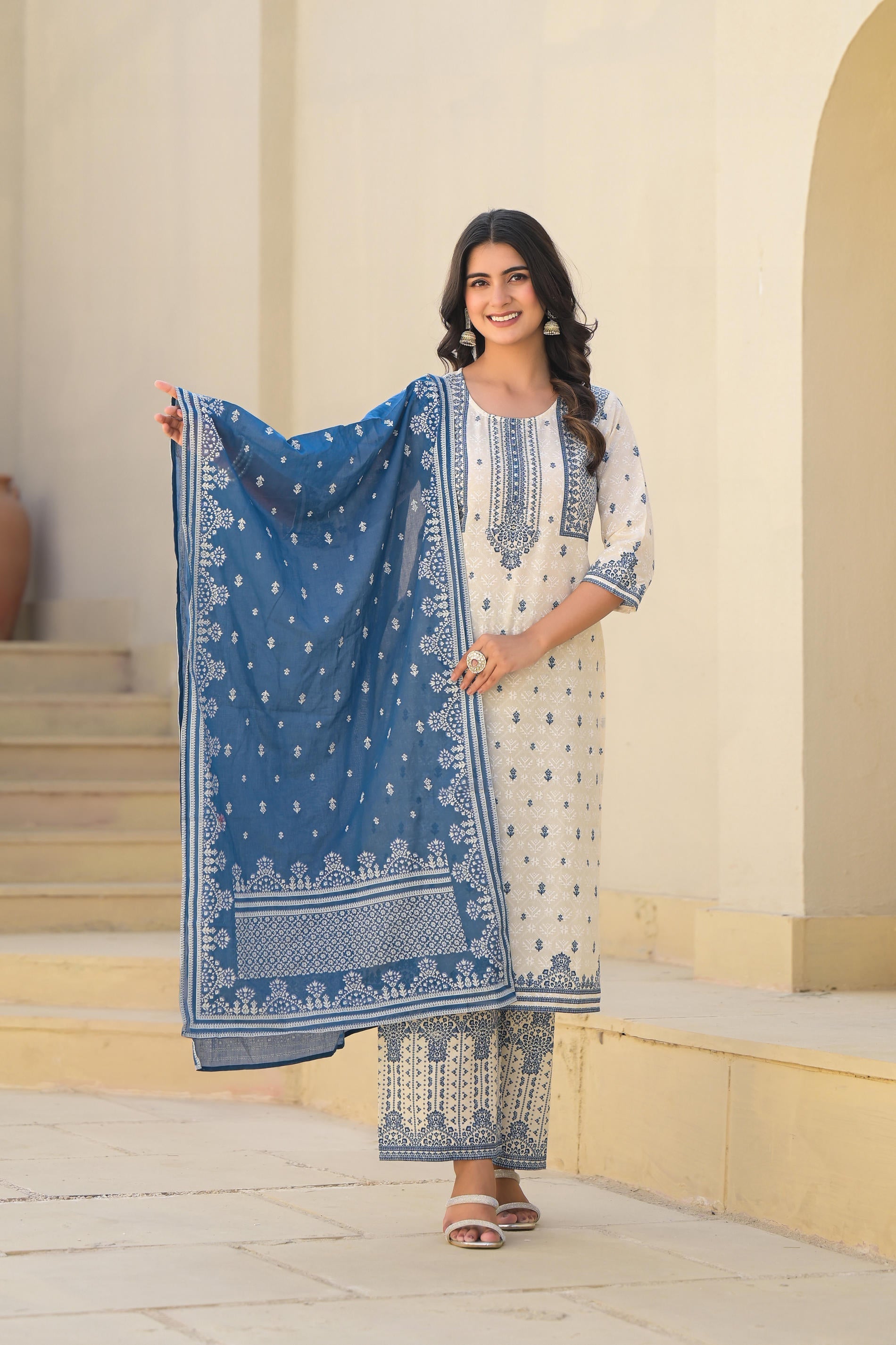 Juniper Ivory & Indigo Serenity Block Print Cotton Suit Set | Grocsy