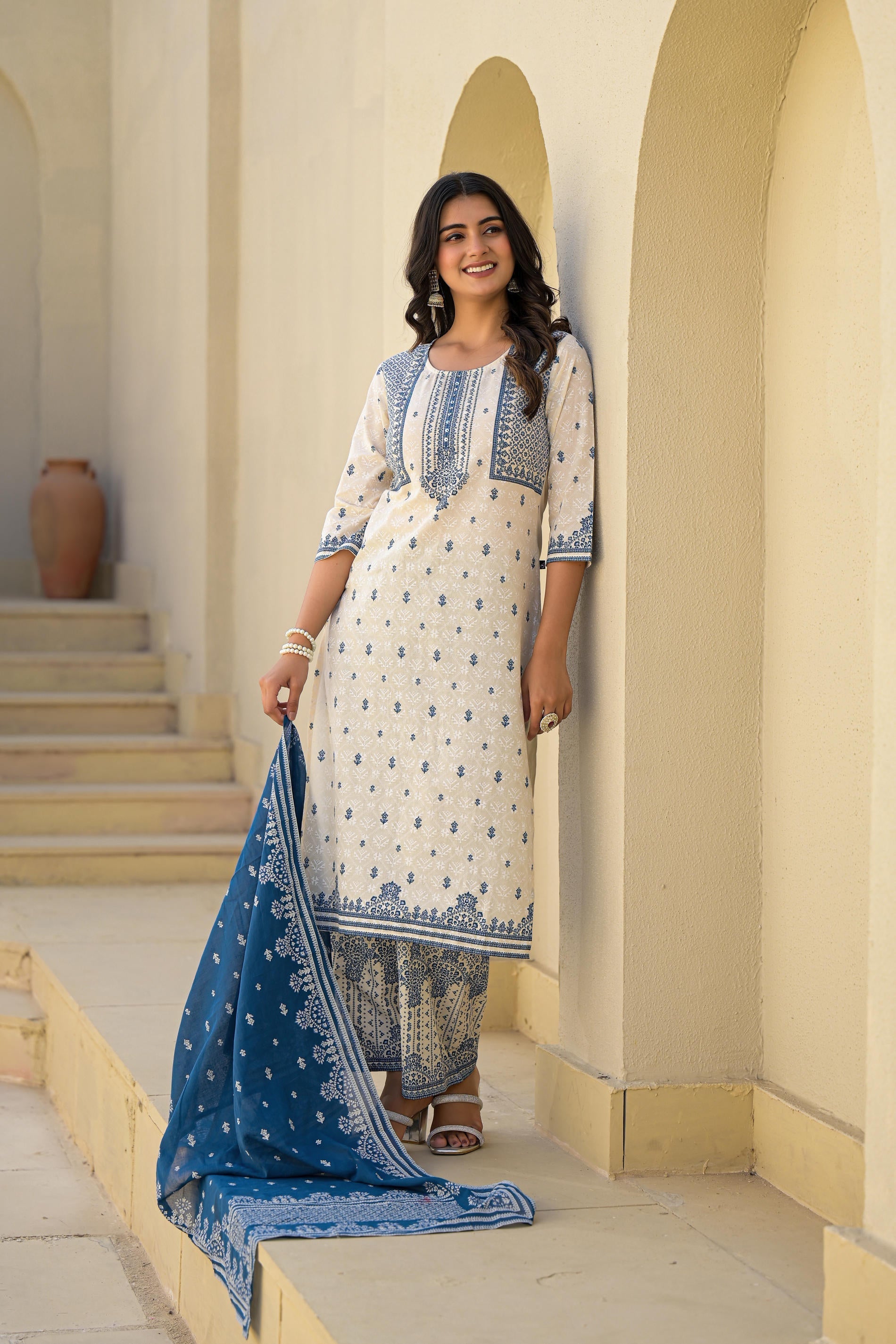 Juniper Ivory & Indigo Serenity Block Print Cotton Suit Set | Grocsy