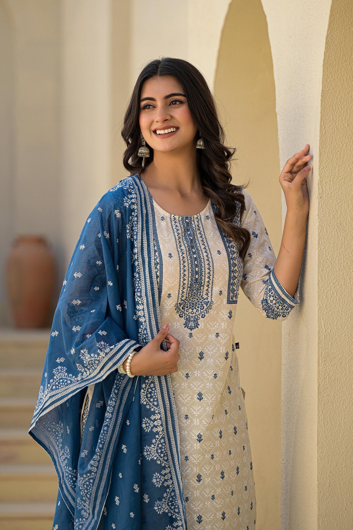 Juniper Ivory & Indigo Serenity Block Print Cotton Suit Set | Grocsy