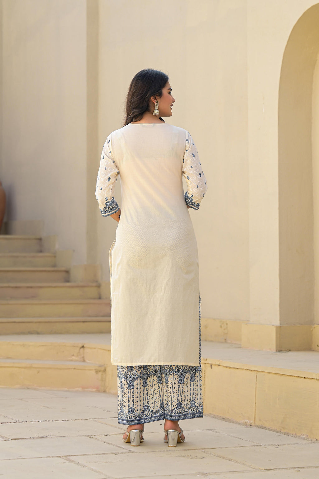Juniper Ivory & Indigo Serenity Block Print Cotton Suit Set | Grocsy