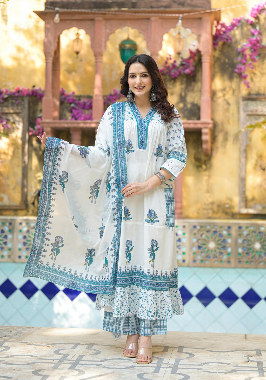 Juniper Women's White Floral Printed Cotton A-Line Kurta Pant And Dupatta Set | Grocsy