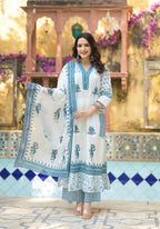 Juniper Women's White Floral Printed Cotton A-Line Kurta Pant And Dupatta Set | Grocsy