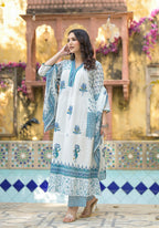 Juniper Women's White Floral Printed Cotton A-Line Kurta Pant And Dupatta Set | Grocsy