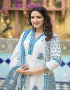 Juniper Women's White Floral Printed Cotton A-Line Kurta Pant And Dupatta Set | Grocsy