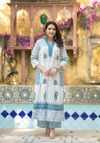 Juniper Women's White Floral Printed Cotton A-Line Kurta Pant And Dupatta Set | Grocsy