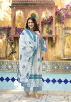 Juniper Women's White Floral Printed Cotton A-Line Kurta Pant And Dupatta Set | Grocsy