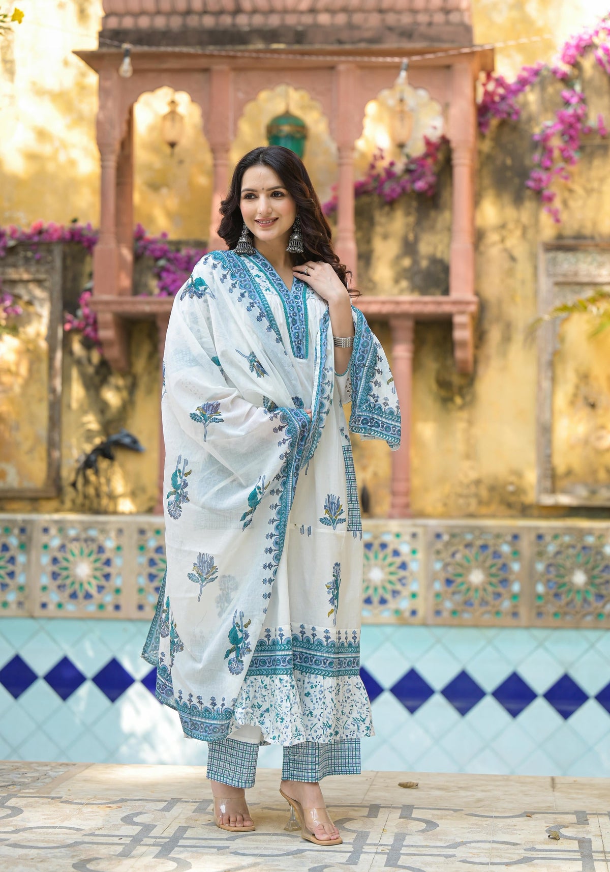 Juniper Women's White Floral Printed Cotton A-Line Kurta Pant And Dupatta Set | Grocsy