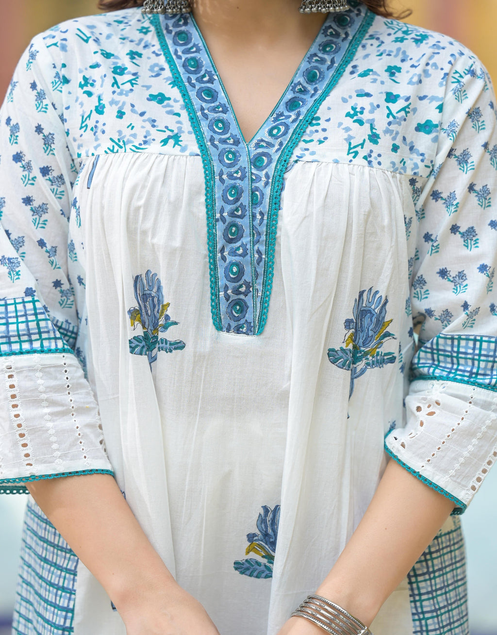 Juniper Women's White Floral Printed Cotton A-Line Kurta Pant And Dupatta Set | Grocsy