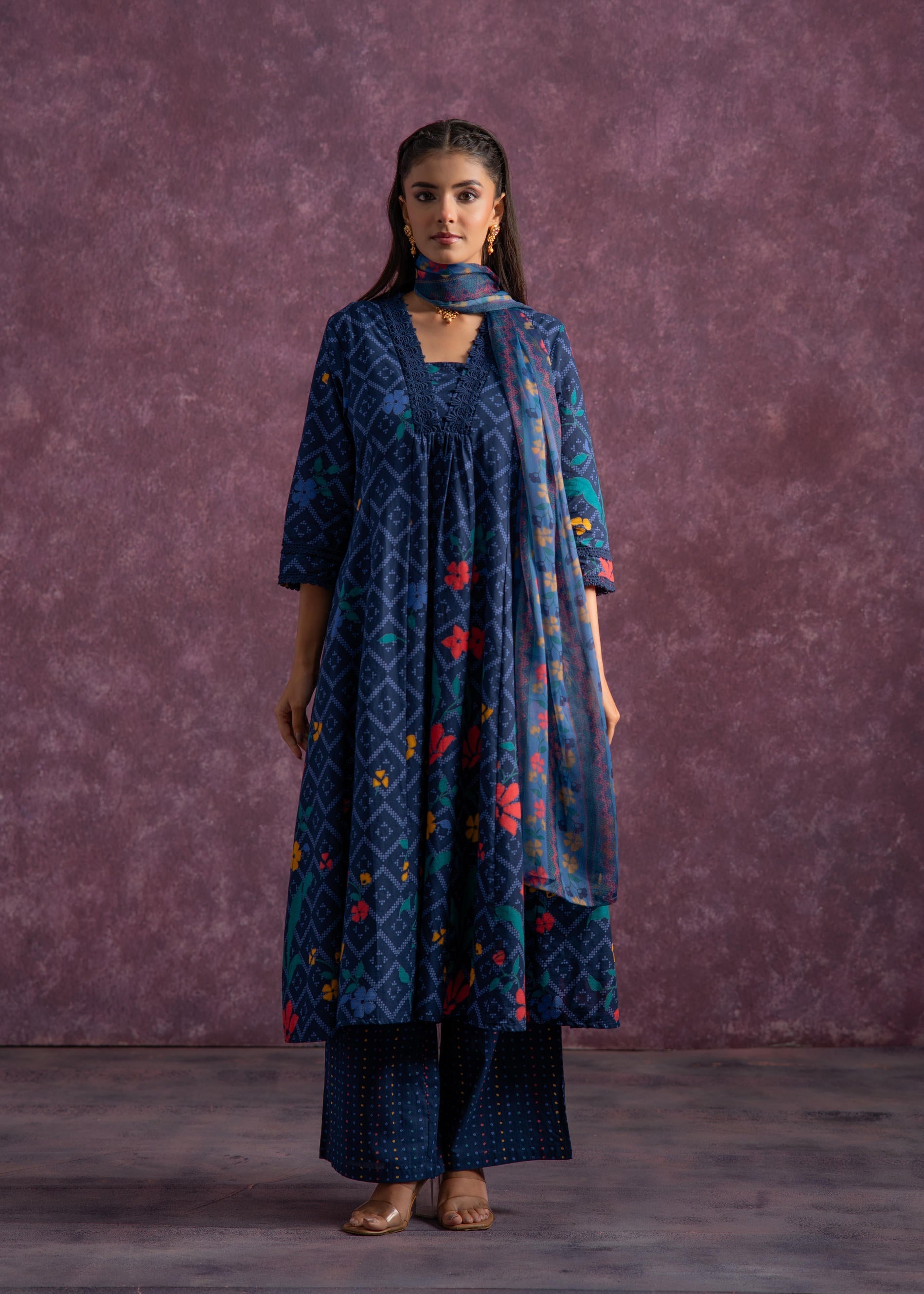 Juniper Indigo Floral Printed Cotton Kurta Set With Chiffon Dupatta | Grocsy