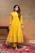 Juniper Mustard Floral Printed Cotton Kurta Set With Chiffon Dupatta | Grocsy